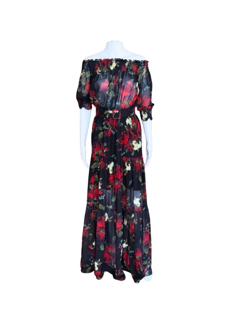 KikiRiki Off The Shoulder Sheer Floral Maxi Dress Black Red Size Medium NWT